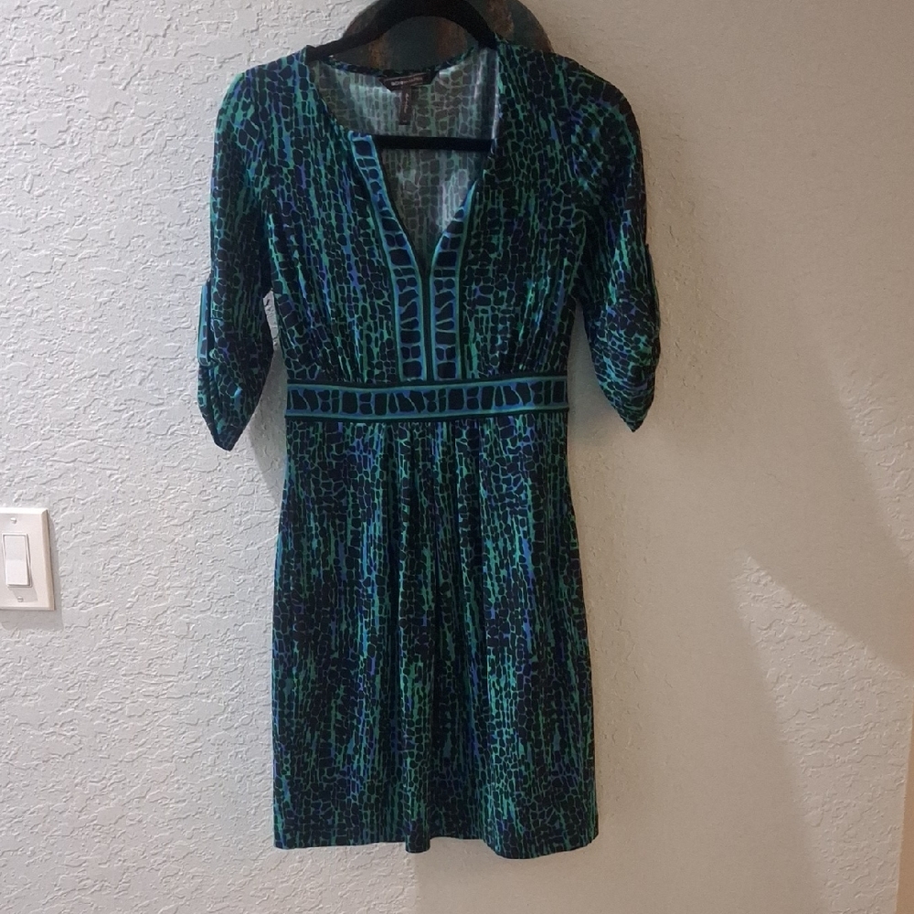 BCBG Blue and Green Patterned Long Sleeve Dress